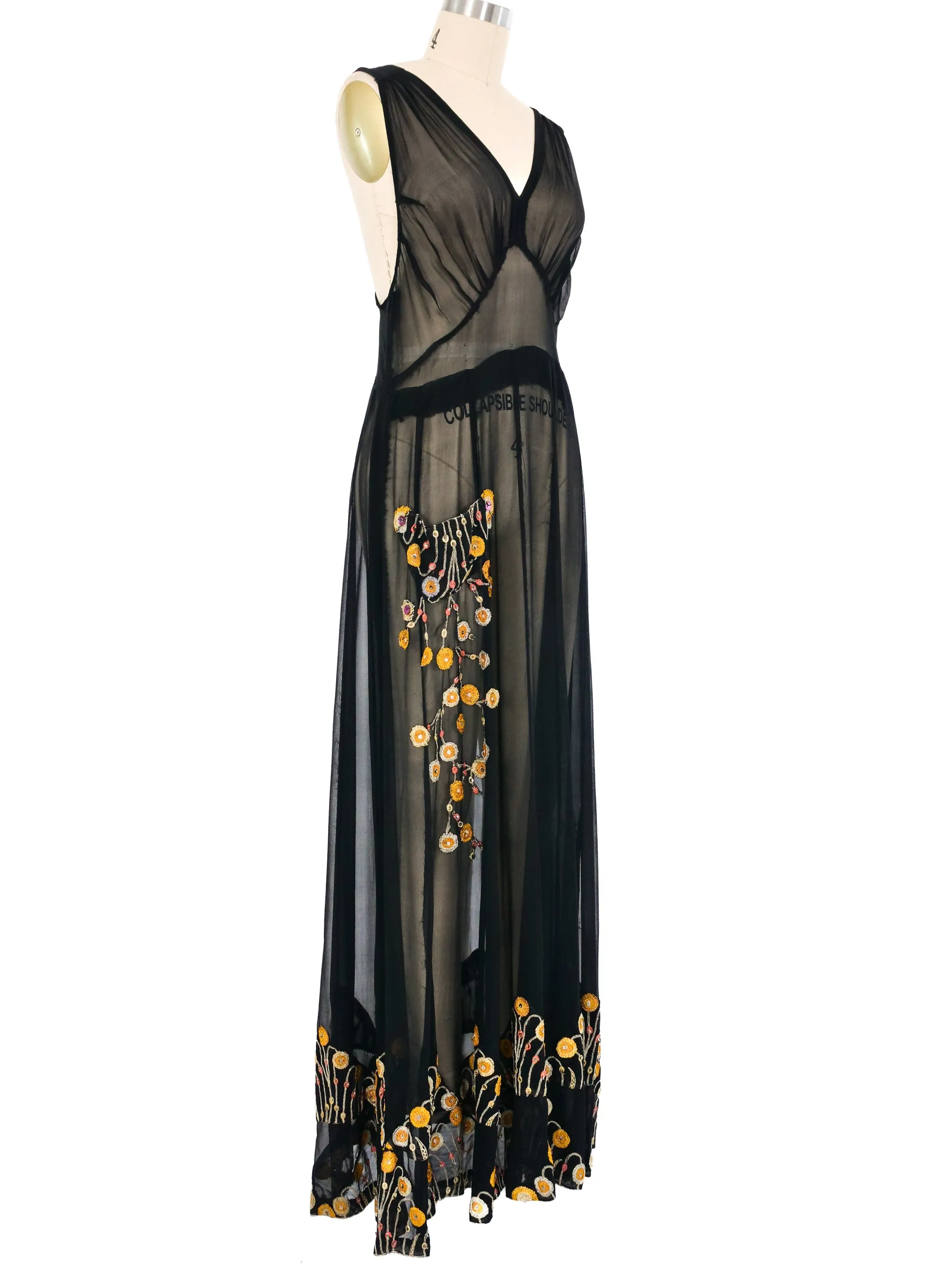 1920s Embroidered Sheer Chiffon Slip Dress