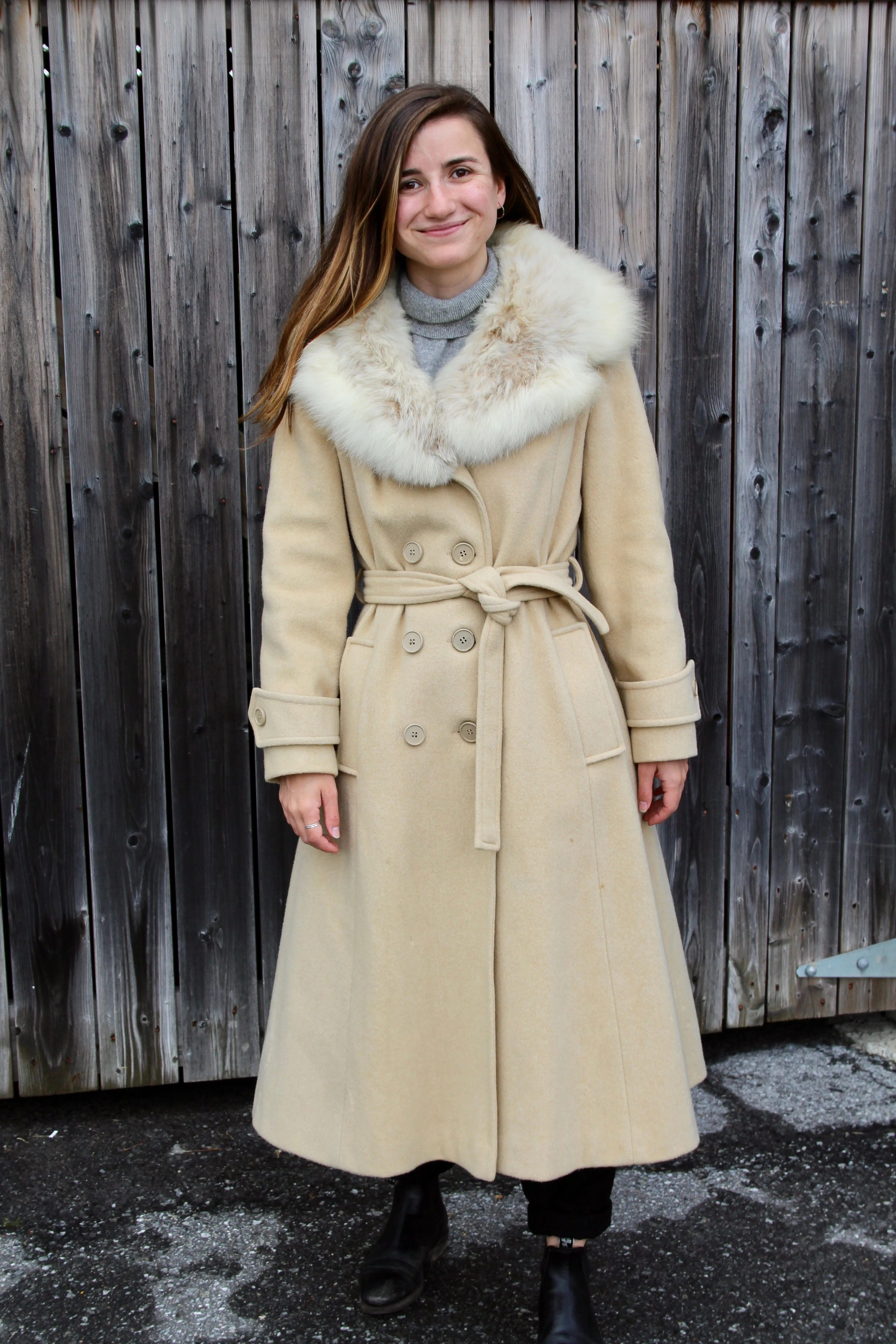 1970s 100% Wool Belted Trench Coat with Fur Trim - XS/S