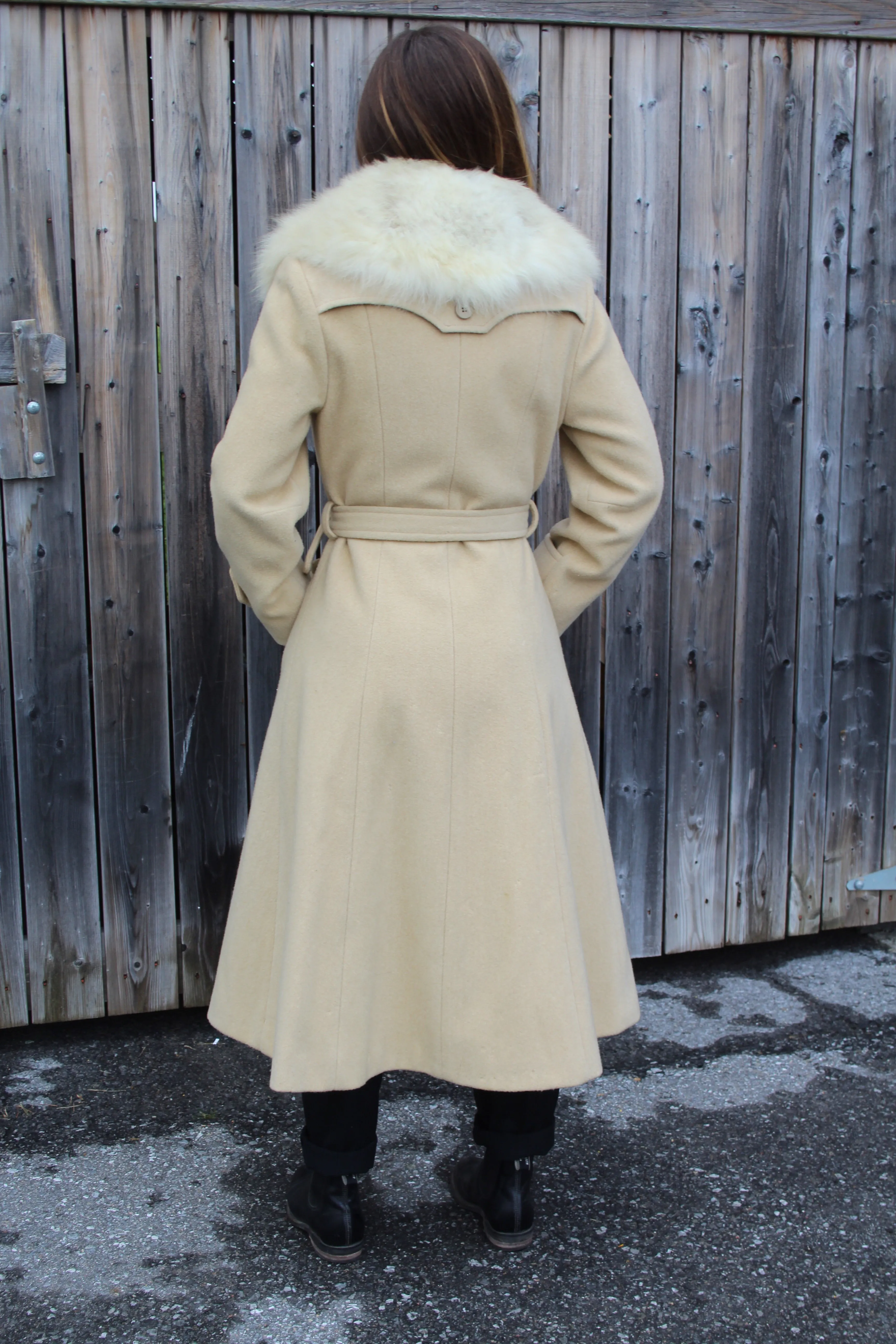 1970s 100% Wool Belted Trench Coat with Fur Trim - XS/S