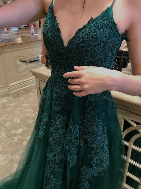 A-Line Emerald Green Lace V Neck Long Prom Dresses Formal Evening Dresses       fg4479