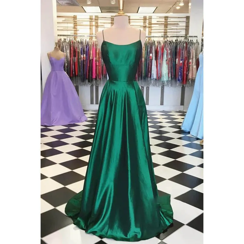 A-line Green Stretch Satin Simple Prom Dress Pageant Dress