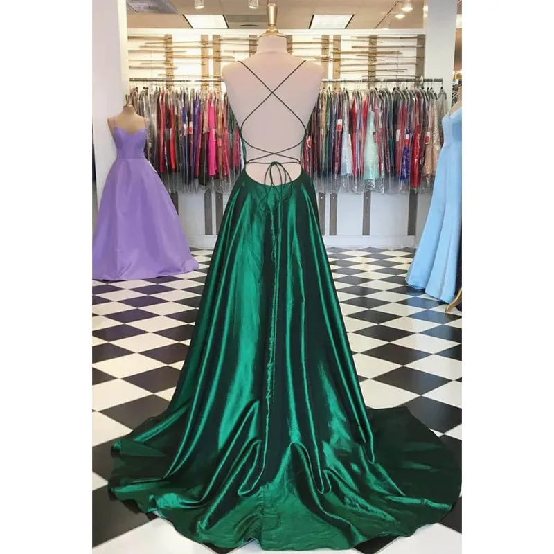 A-line Green Stretch Satin Simple Prom Dress Pageant Dress