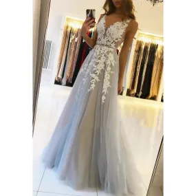 A-line V-neck Tulle Appliques Long Formal Evening Dress Prom Dress