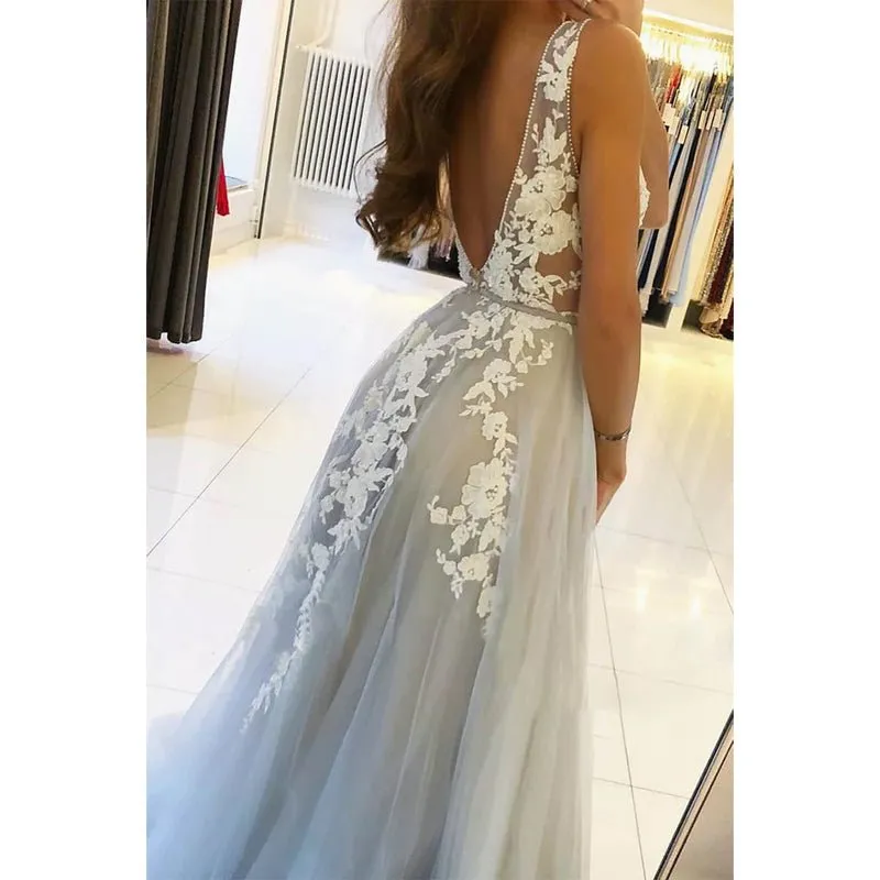 A-line V-neck Tulle Appliques Long Formal Evening Dress Prom Dress