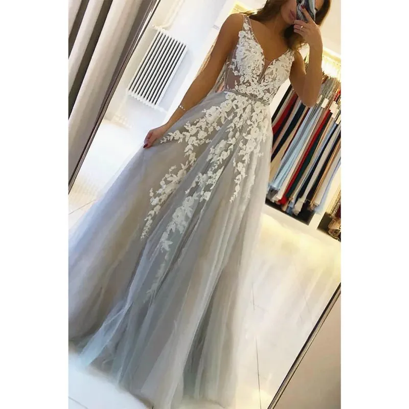 A-line V-neck Tulle Appliques Long Formal Evening Dress Prom Dress