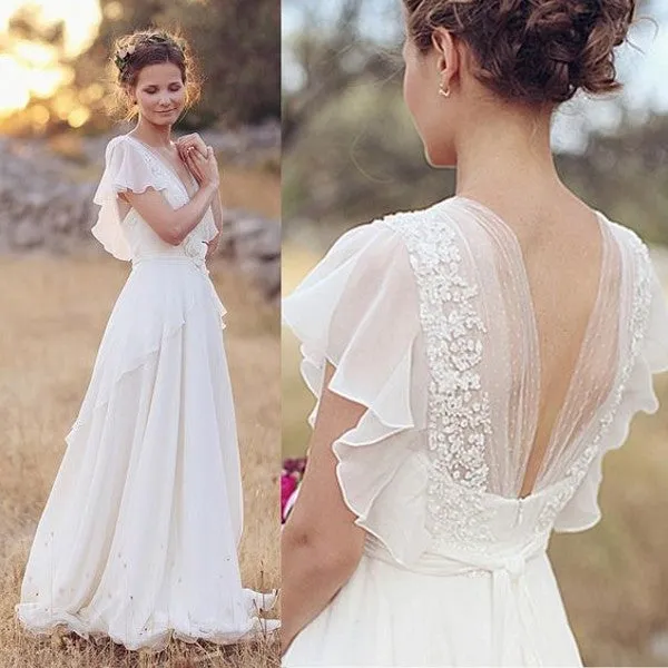 A line V-neckline Chiffon Outdoor Wedding Dress