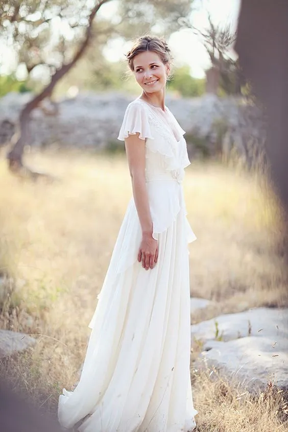 A line V-neckline Chiffon Outdoor Wedding Dress