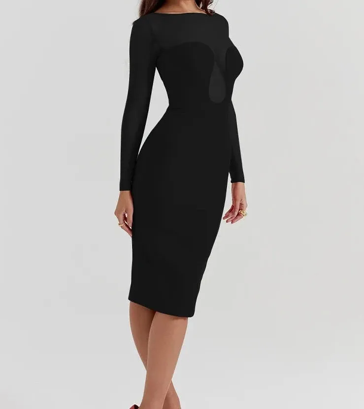 A&A Mesh Long Sleeve Plunge Maxi Dress