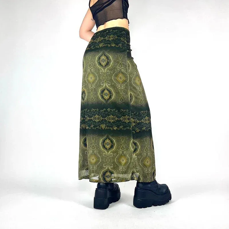 Amozae Fashion Vintage Print Women Long Skirt Aesthetic Graphic Print Green Elegant Y2K Skrit Grunge Style Chic Streetwear