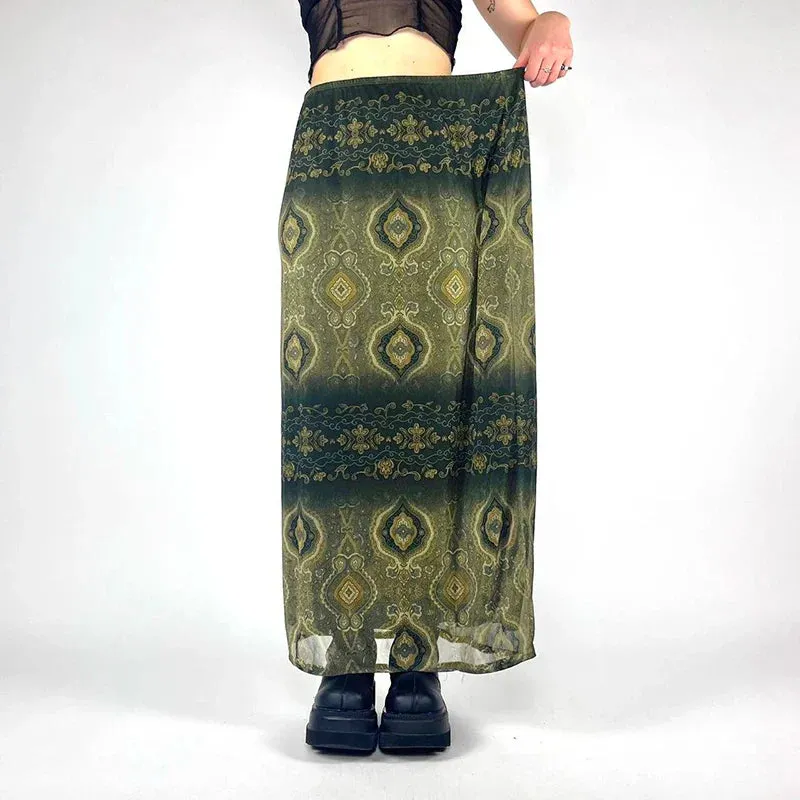 Amozae Fashion Vintage Print Women Long Skirt Aesthetic Graphic Print Green Elegant Y2K Skrit Grunge Style Chic Streetwear