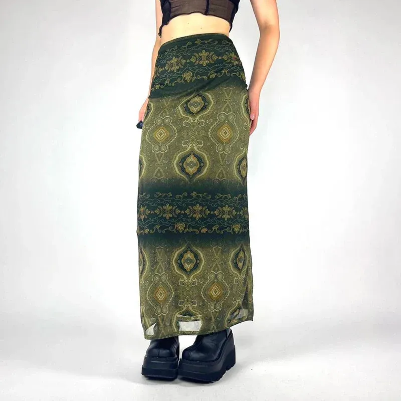 Amozae Fashion Vintage Print Women Long Skirt Aesthetic Graphic Print Green Elegant Y2K Skrit Grunge Style Chic Streetwear