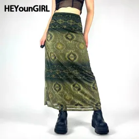 Amozae Fashion Vintage Print Women Long Skirt Aesthetic Graphic Print Green Elegant Y2K Skrit Grunge Style Chic Streetwear