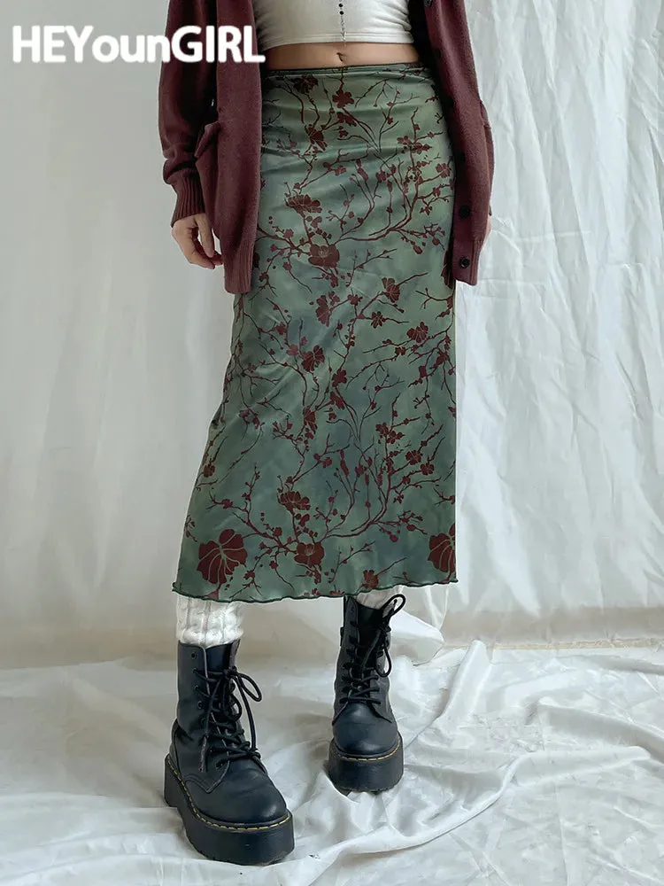 Amozae Vintage Long Skirt Green Floral Print Women Y2K High Street Grunge Fashion Elegant Mid-Calf Skirt Autumn Winter 2023