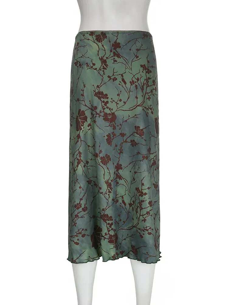 Amozae Vintage Long Skirt Green Floral Print Women Y2K High Street Grunge Fashion Elegant Mid-Calf Skirt Autumn Winter 2023