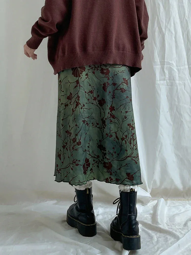 Amozae Vintage Long Skirt Green Floral Print Women Y2K High Street Grunge Fashion Elegant Mid-Calf Skirt Autumn Winter 2023