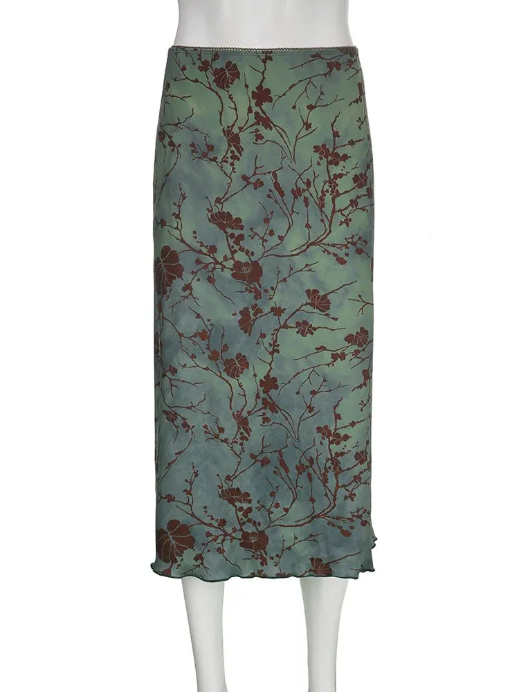 Amozae Vintage Long Skirt Green Floral Print Women Y2K High Street Grunge Fashion Elegant Mid-Calf Skirt Autumn Winter 2023