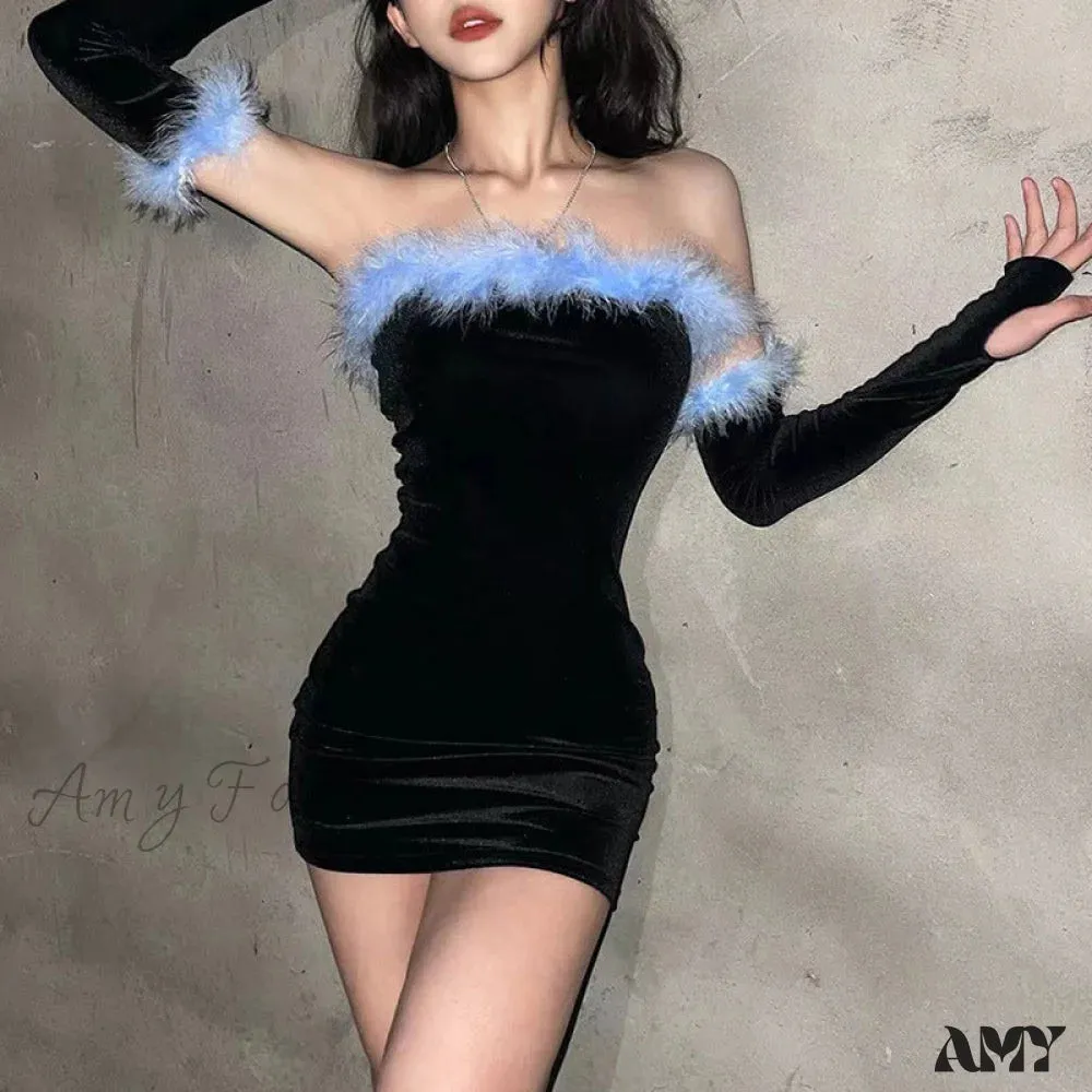 Amy Fashion - Fur Patchwork Y2K Bodycon Dresses