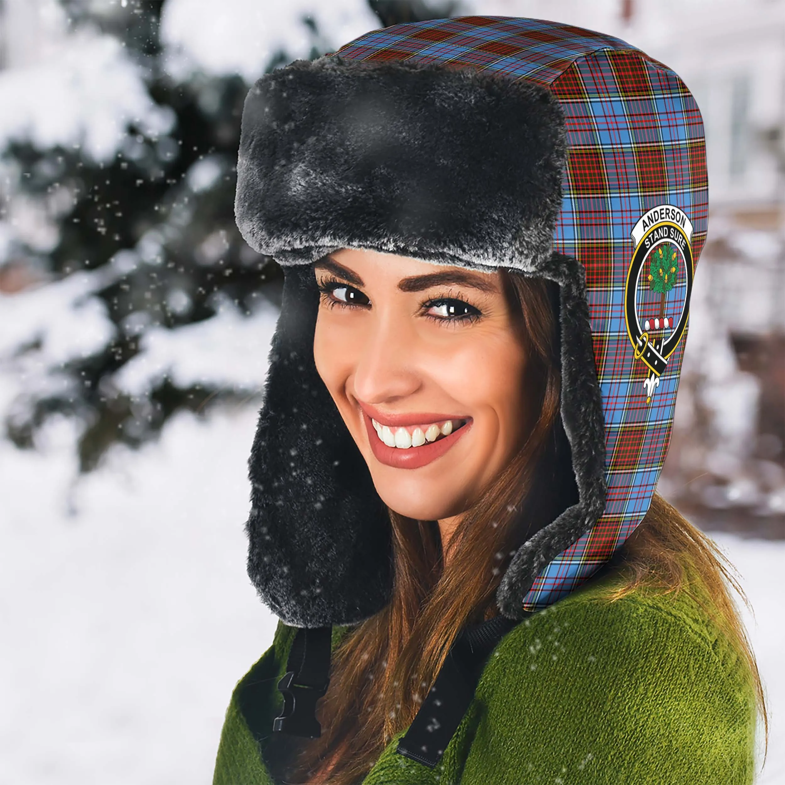 Anderson Modern Tartan Winter Trapper Hat with Family Crest