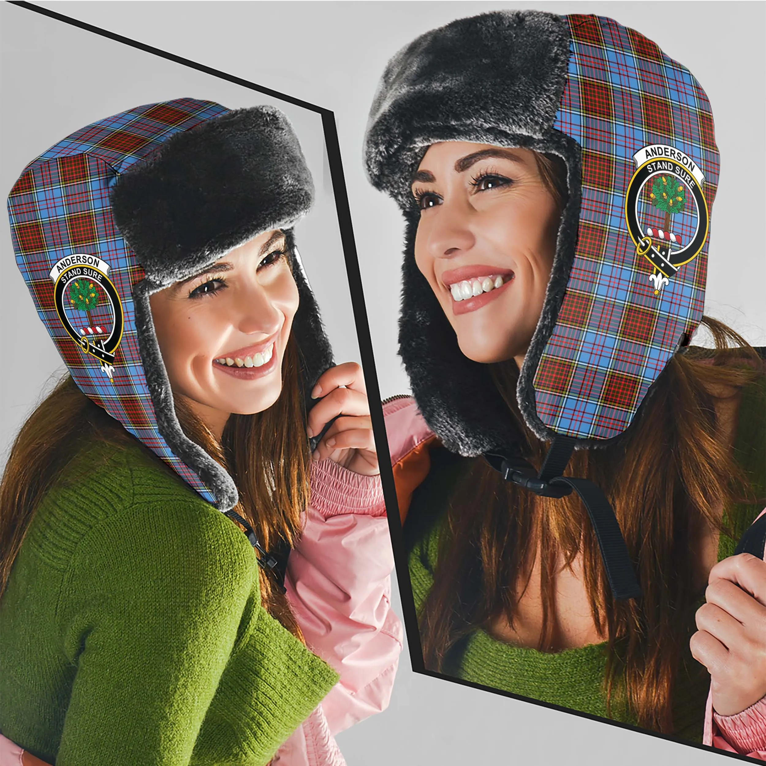 Anderson Modern Tartan Winter Trapper Hat with Family Crest