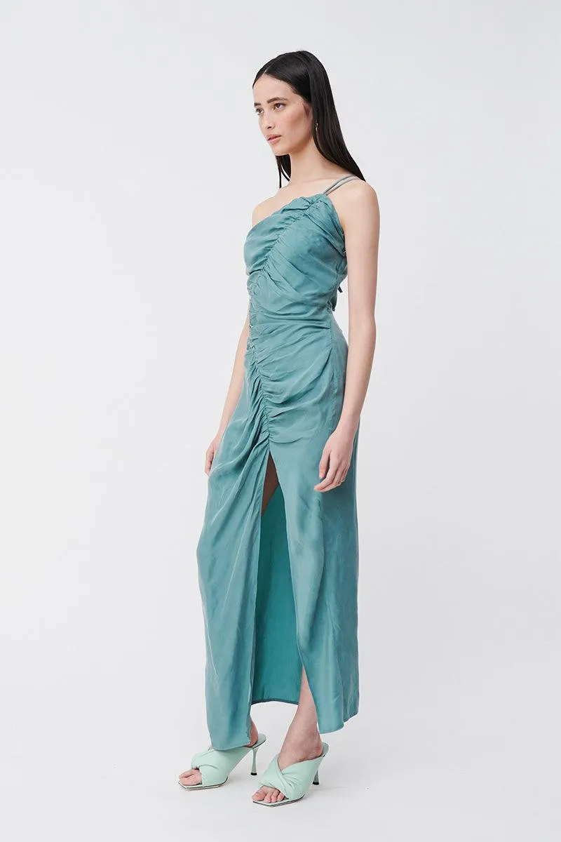 Andy Assymetric Ruched Slip Dress - Seafoam