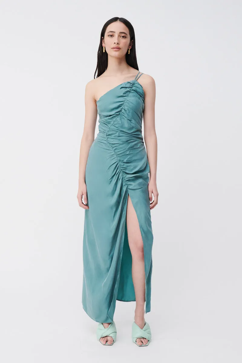 Andy Assymetric Ruched Slip Dress - Seafoam