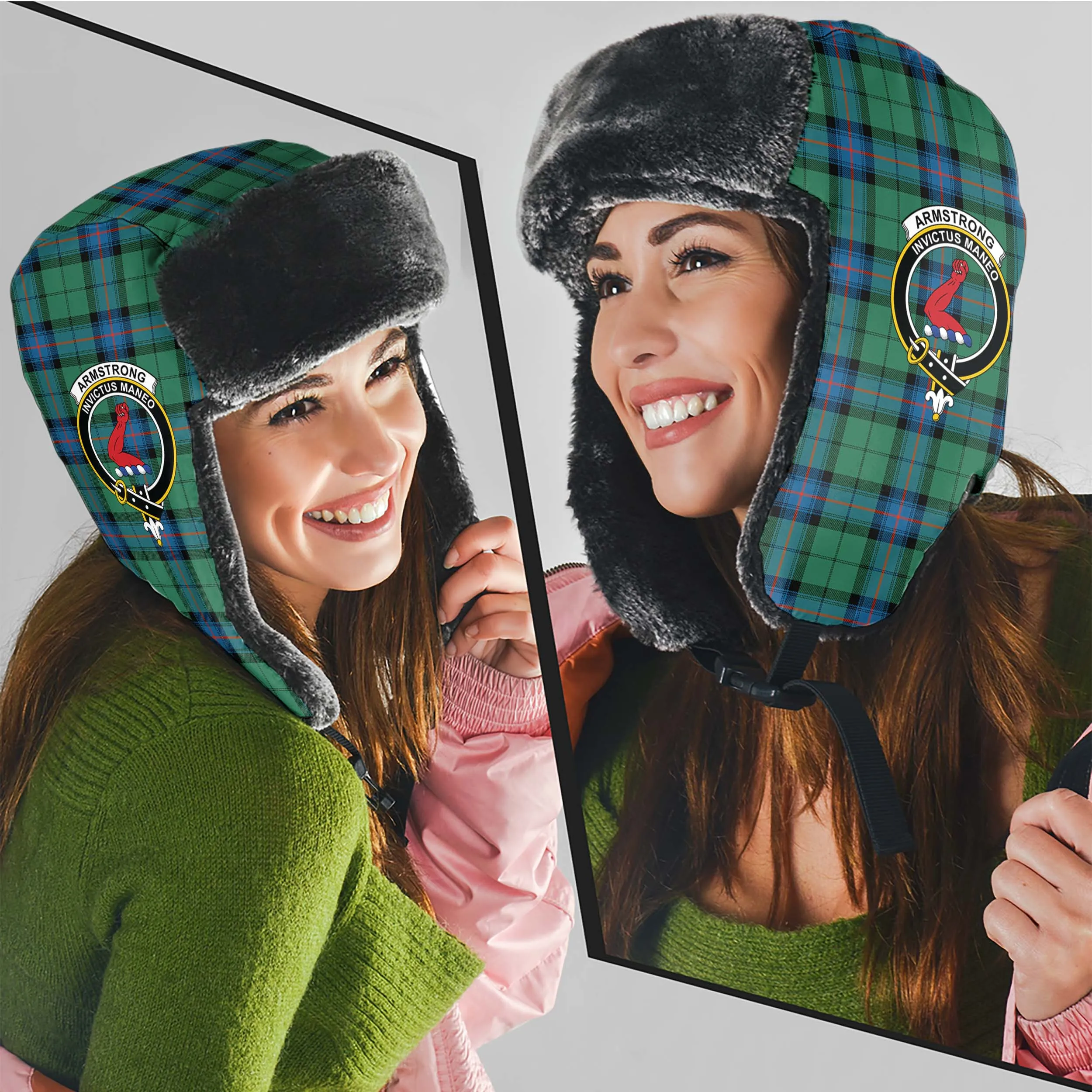 Armstrong Ancient Tartan Winter Trapper Hat with Family Crest