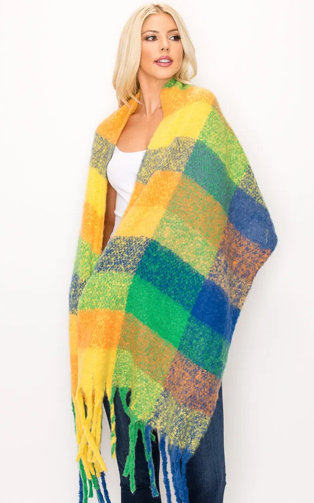 AS318 Multi Plaid Grunge Oblong Scarf with Fringes