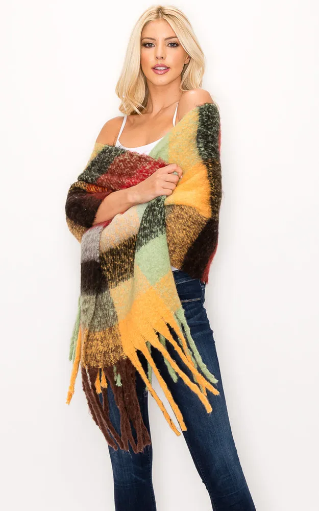 AS318 Multi Plaid Grunge Oblong Scarf with Fringes