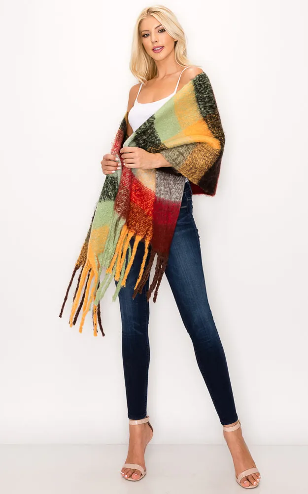 AS318 Multi Plaid Grunge Oblong Scarf with Fringes