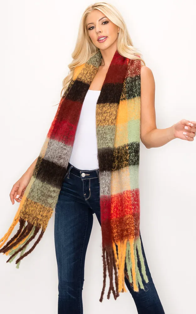 AS318 Multi Plaid Grunge Oblong Scarf with Fringes