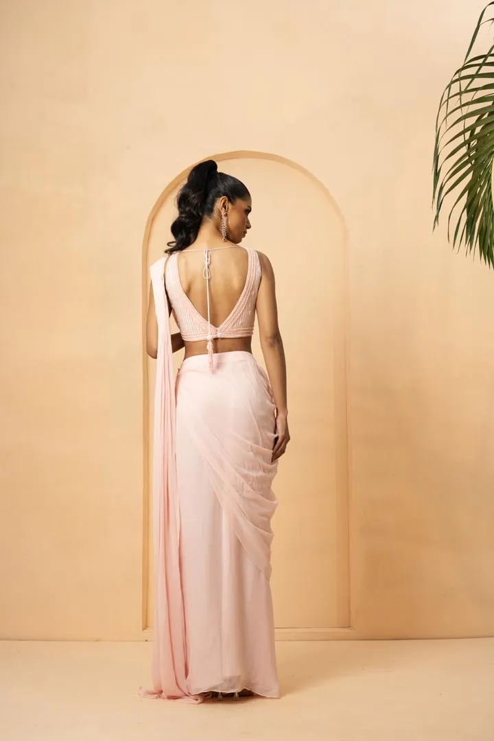 Baby pink pre-stitched drape saree with cape