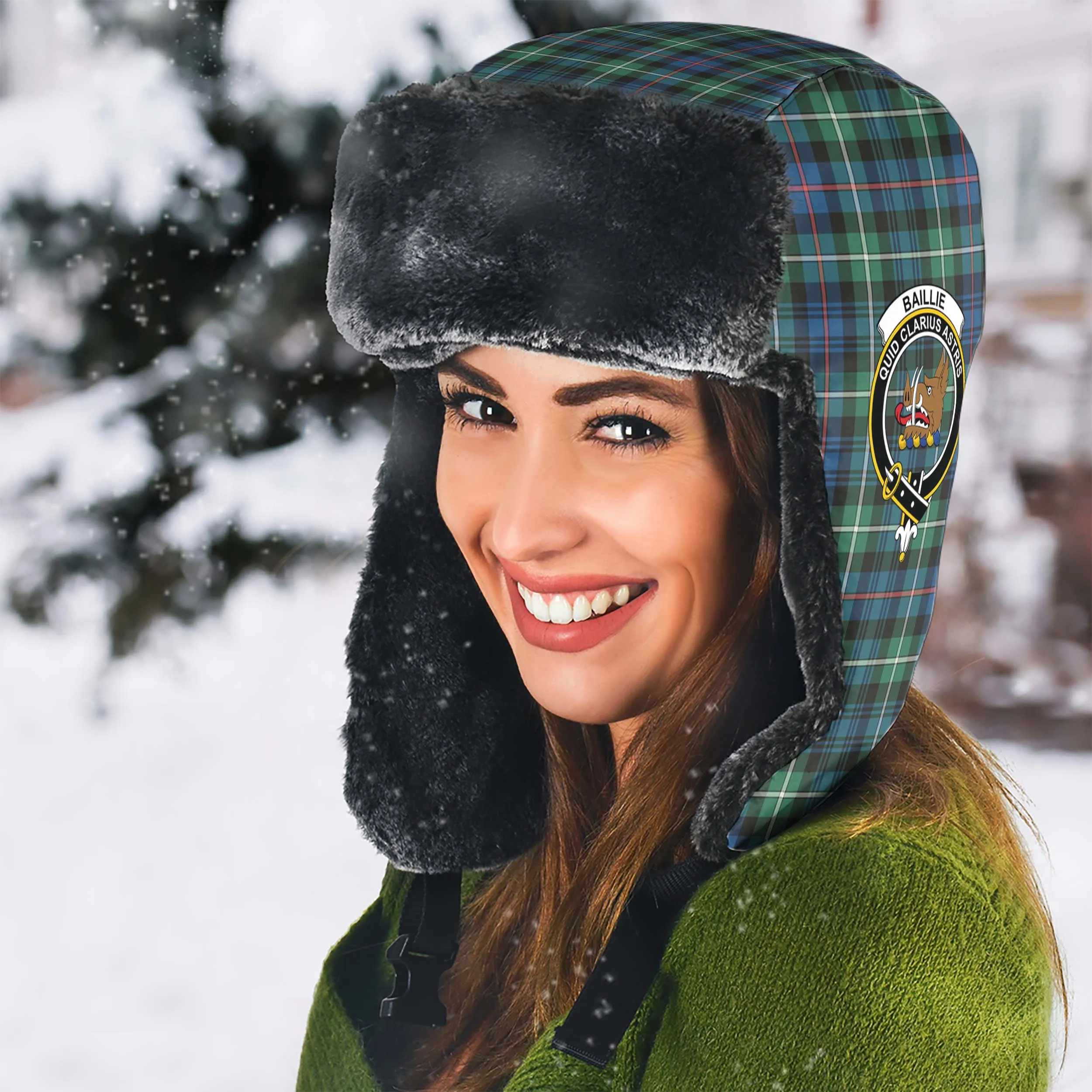 Baillie Ancient Tartan Winter Trapper Hat with Family Crest