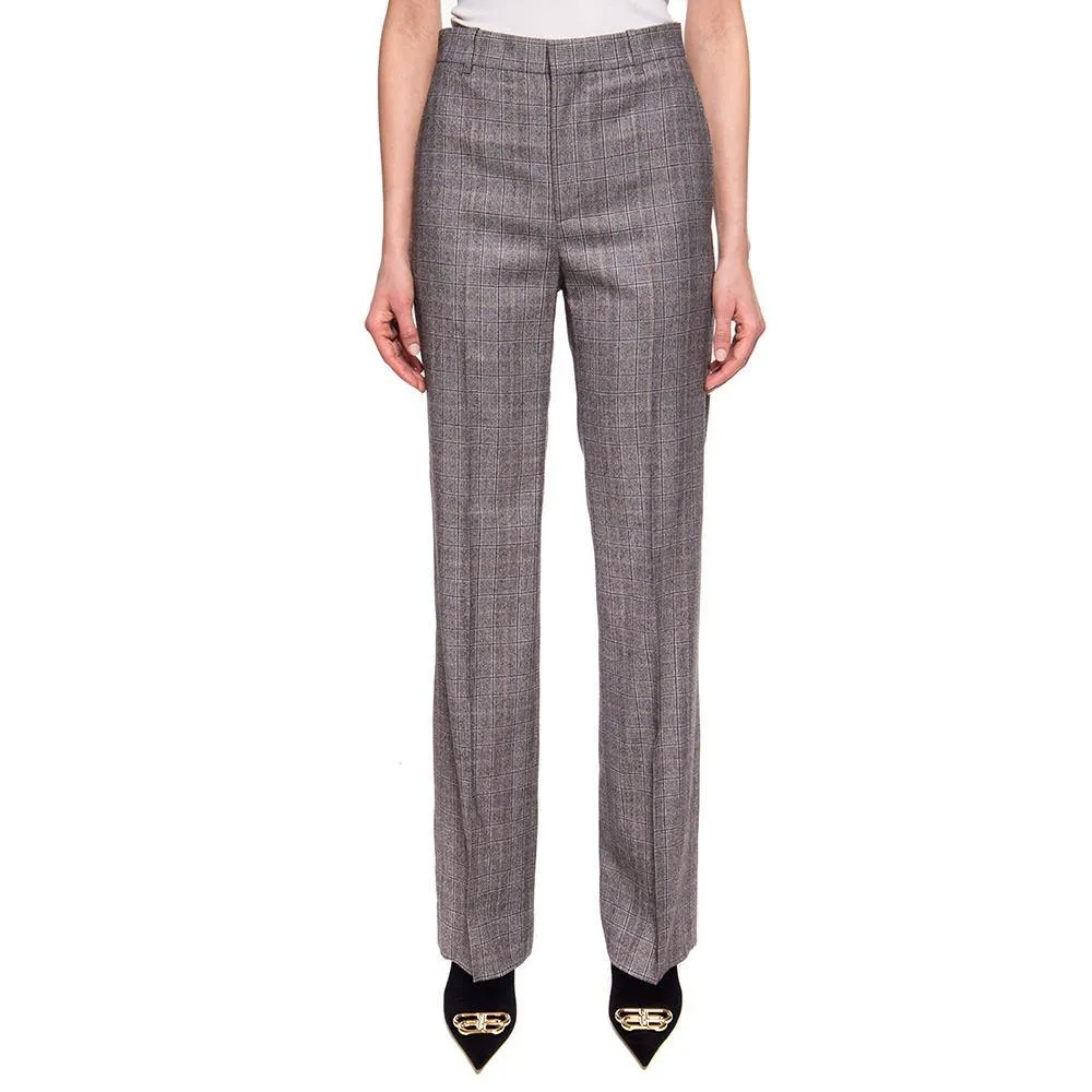 Balenciaga Women's Tartan Wool Pants Trousers Grey