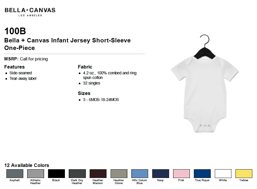 Bella Canvas Infant Jersey Short Sleeve One Piece