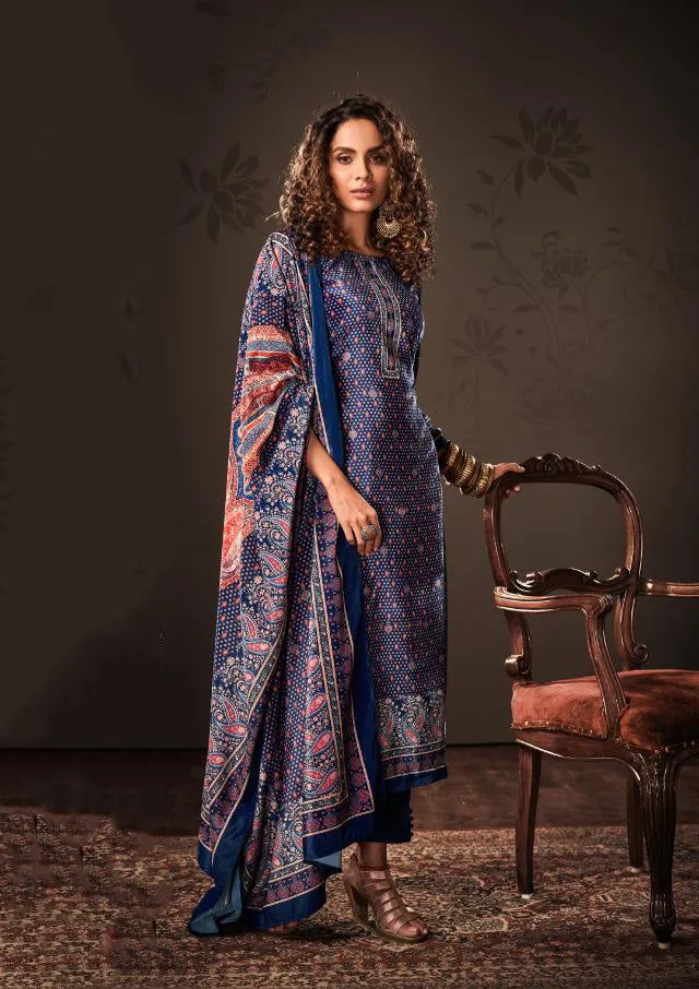 Belliza Blue Unstitched Winter Velvet Suit Dress Material for Ladies