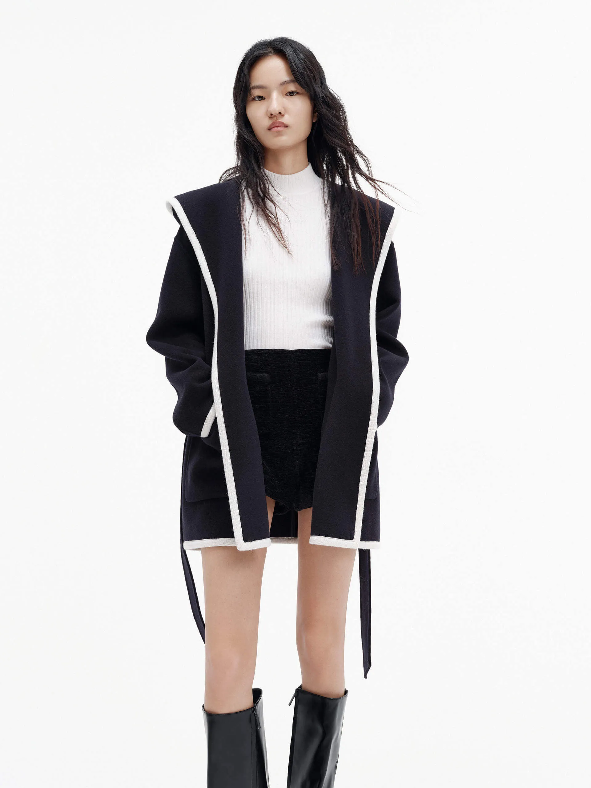 Belted Contrast Trim Coat