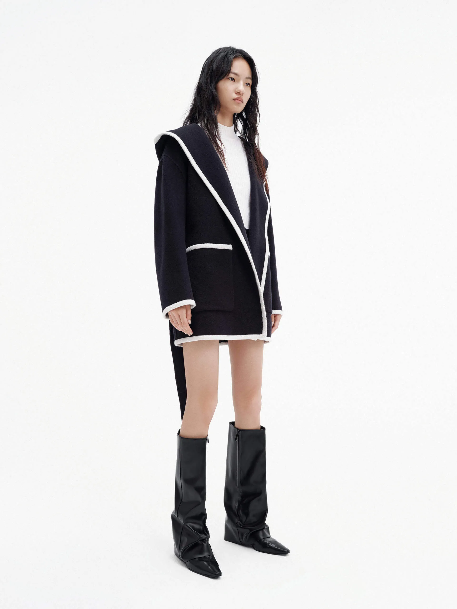 Belted Contrast Trim Coat