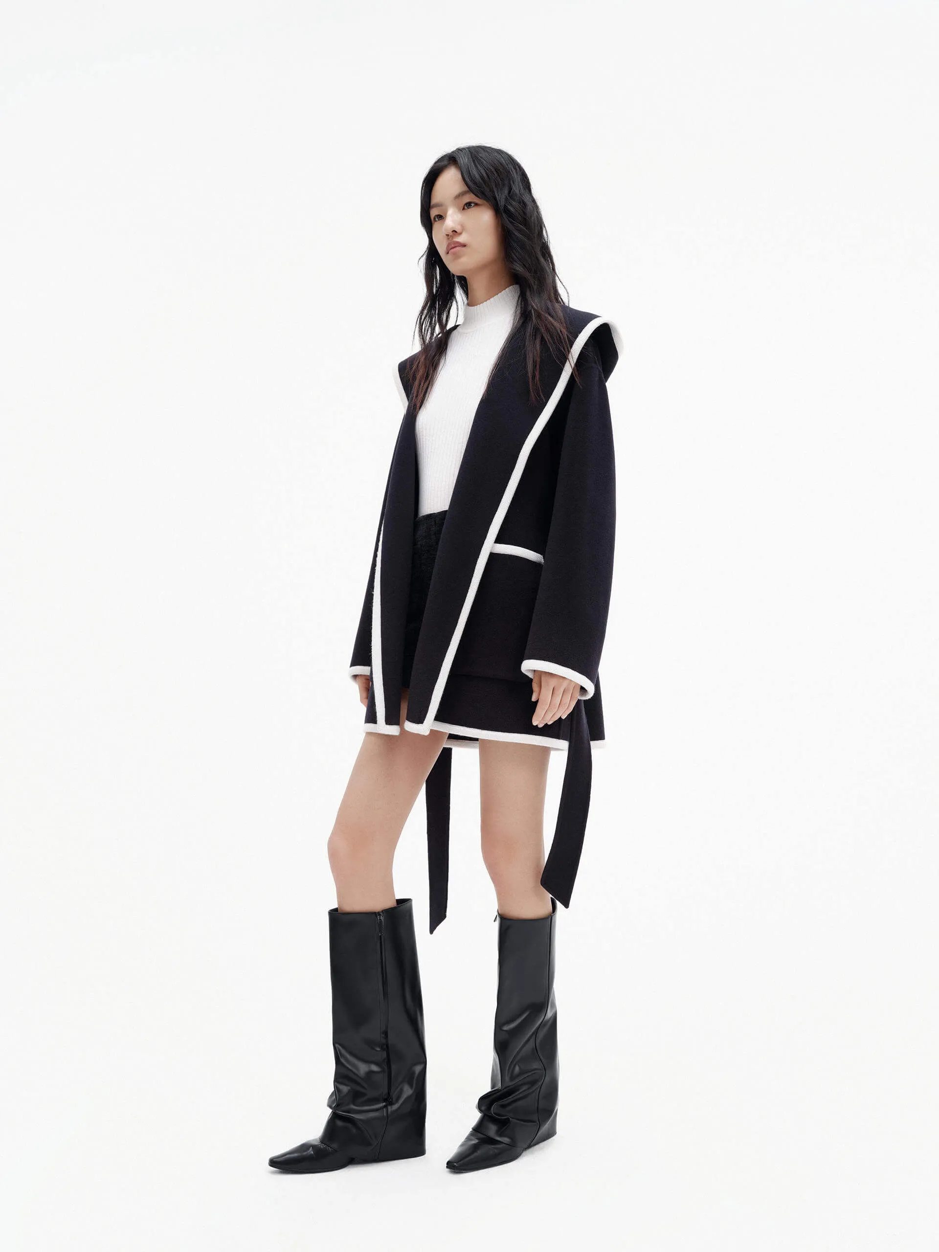 Belted Contrast Trim Coat