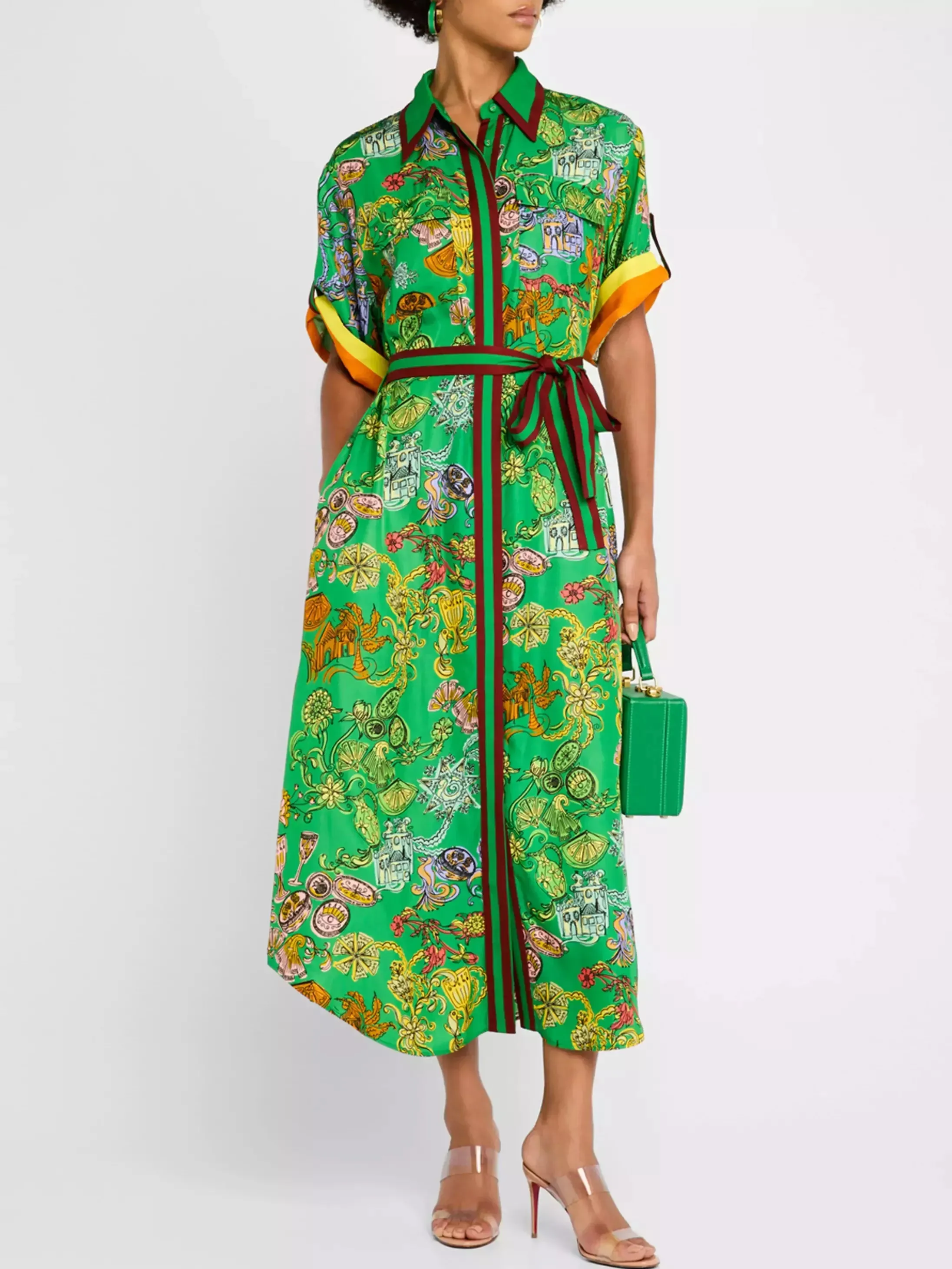 Belted Printed Color Block Trim Midi Shirt Dress