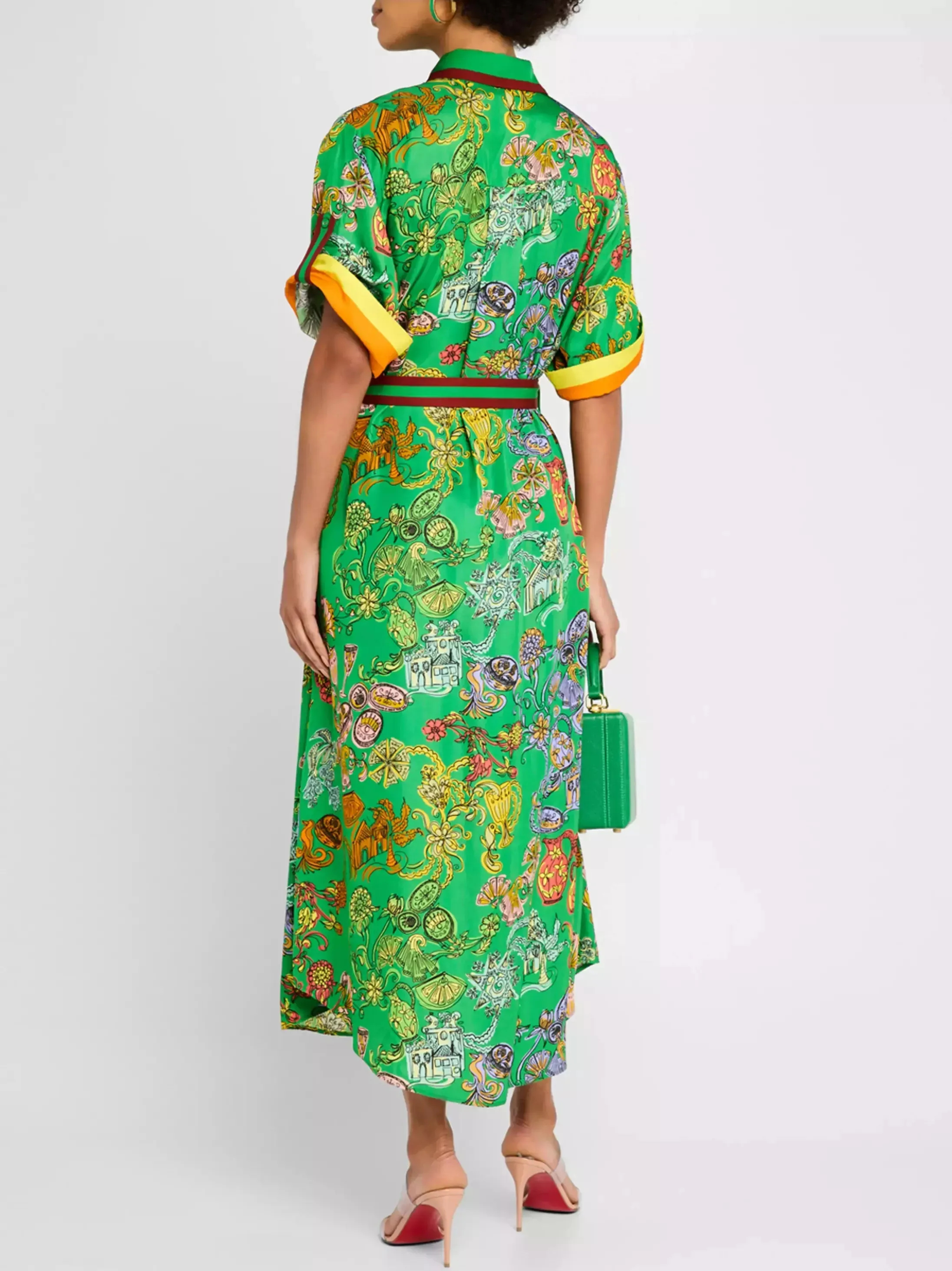 Belted Printed Color Block Trim Midi Shirt Dress