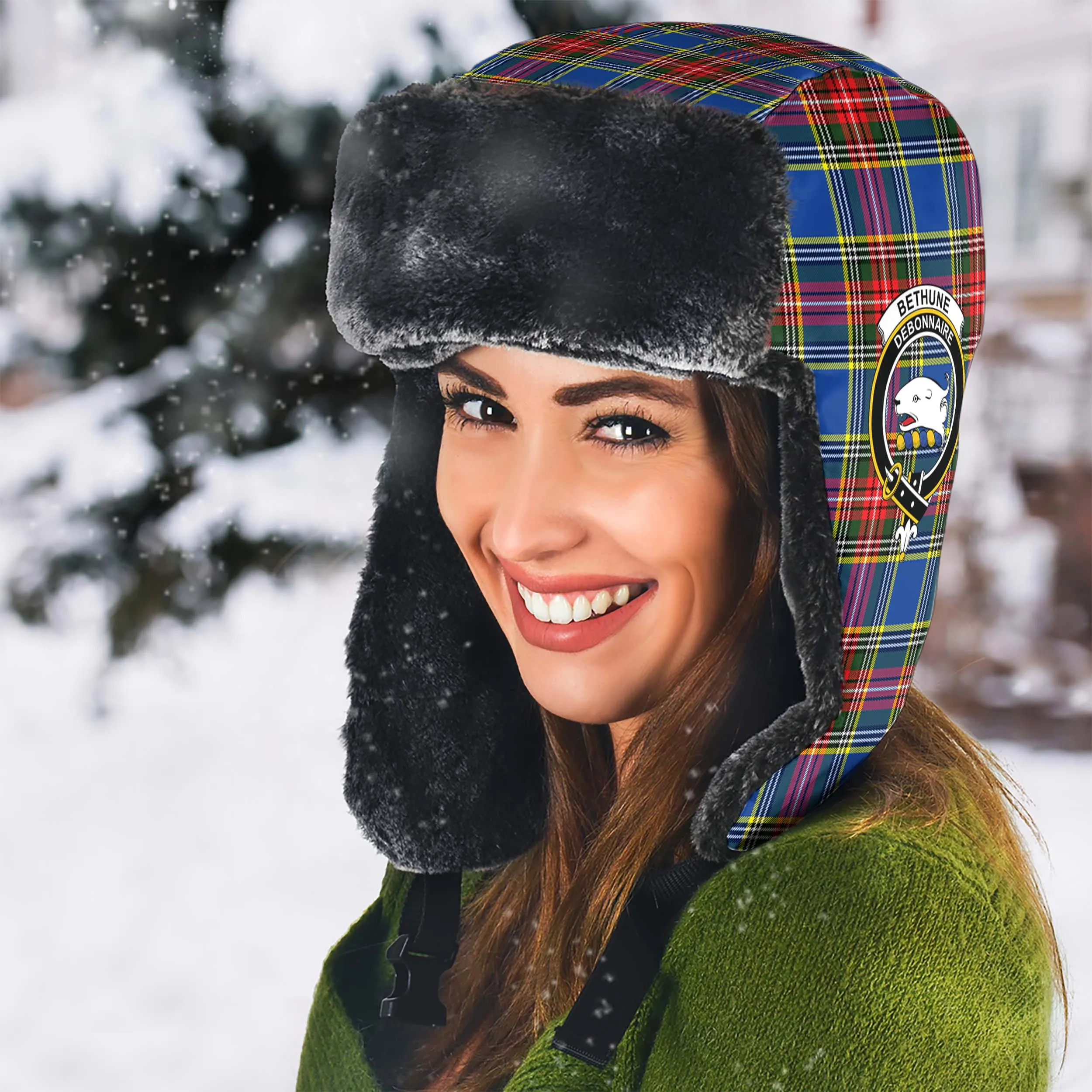 Bethune Tartan Winter Trapper Hat with Family Crest