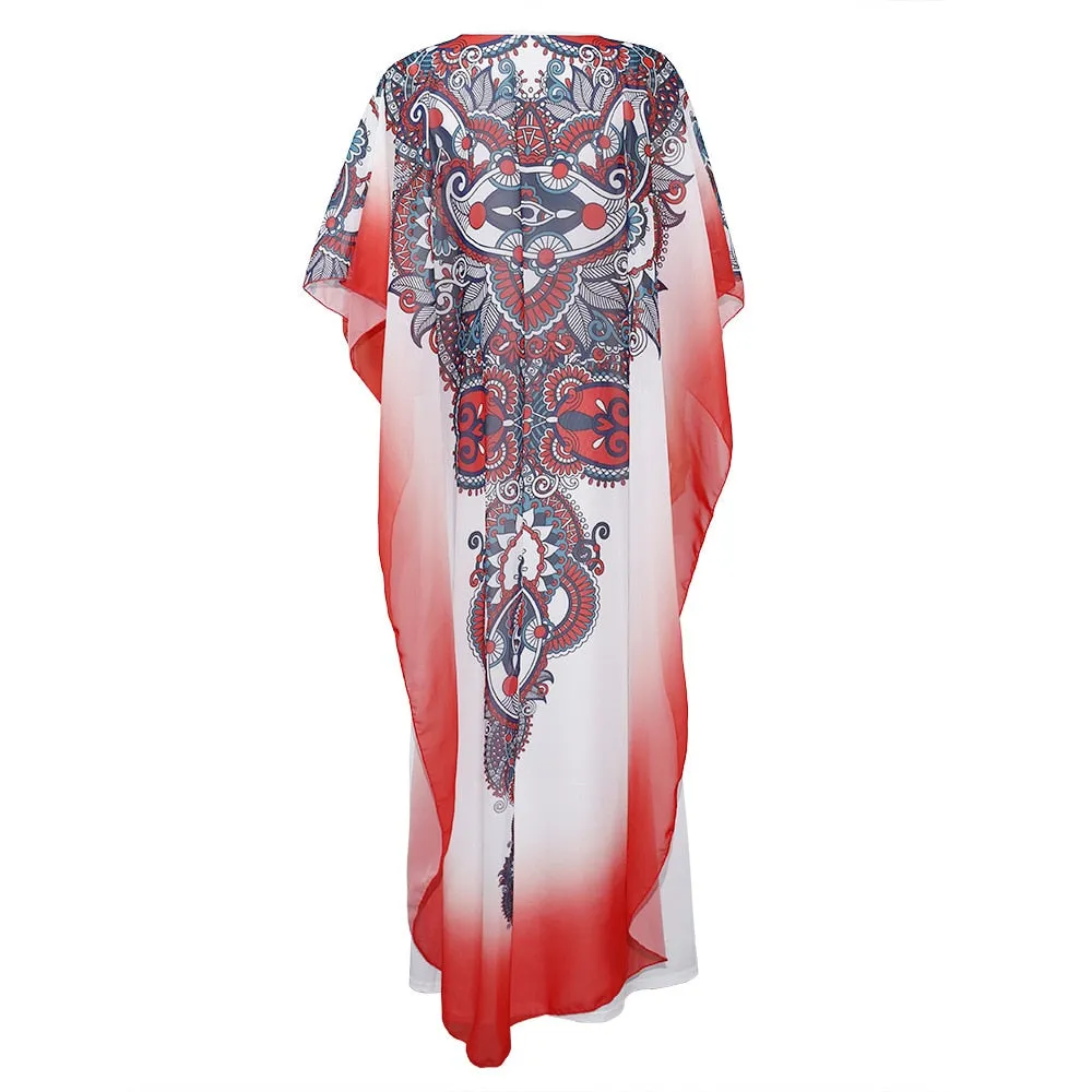 Bibi Designer Dashiki Long Cape Red Floral Maxi White Party Dress