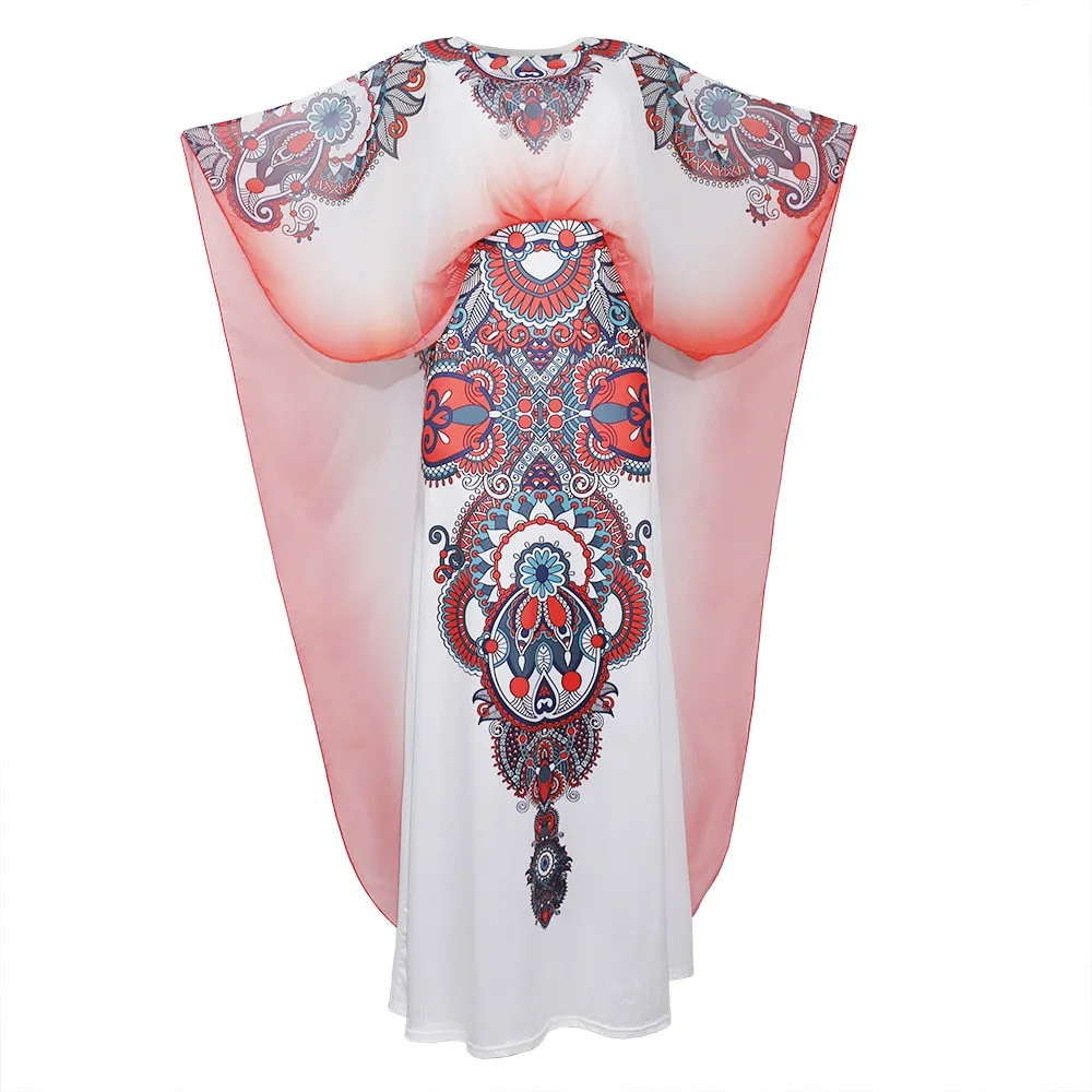 Bibi Designer Dashiki Long Cape Red Floral Maxi White Party Dress