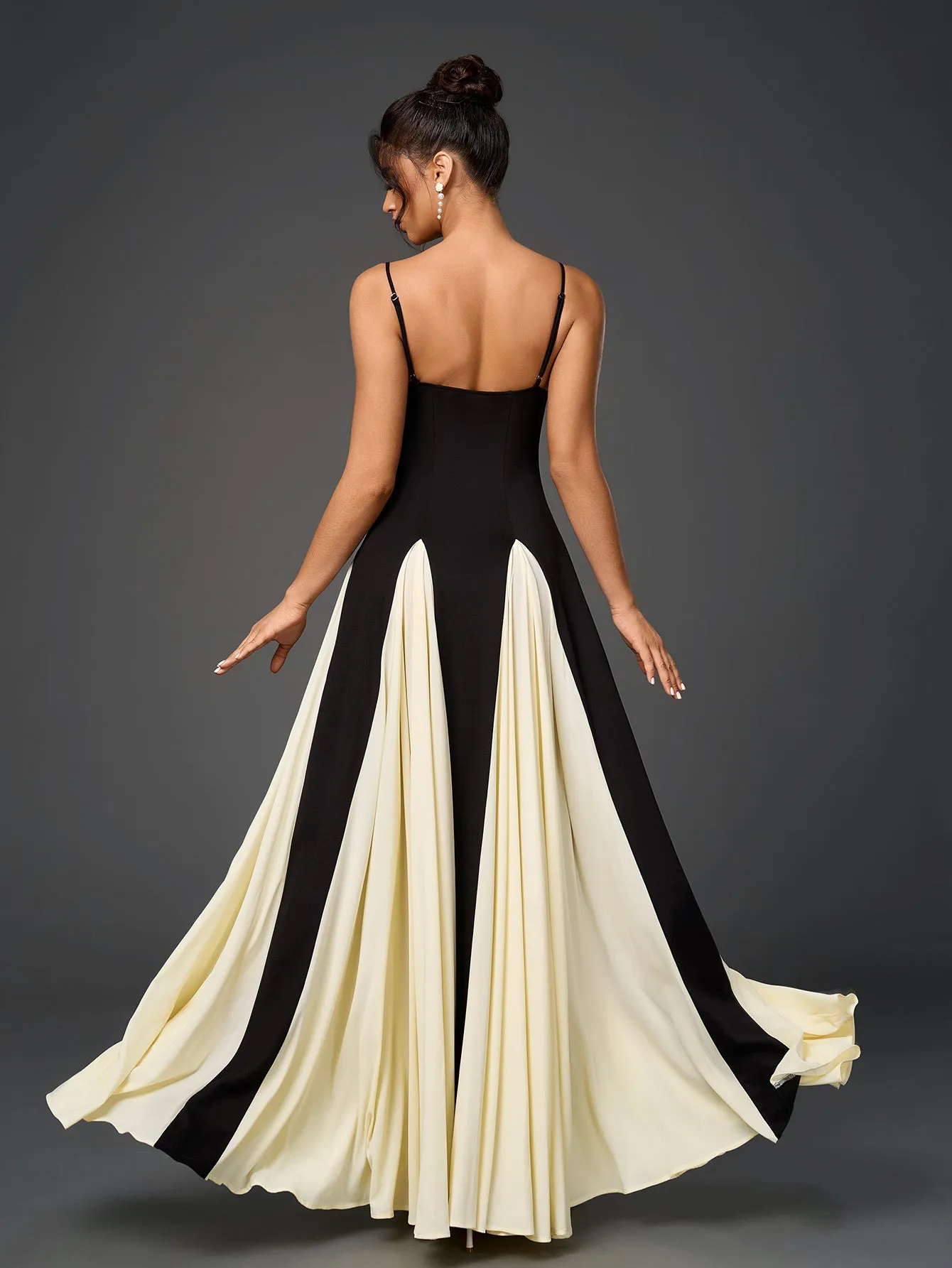 Black And White Contrast Backless Maxi Slip Dress