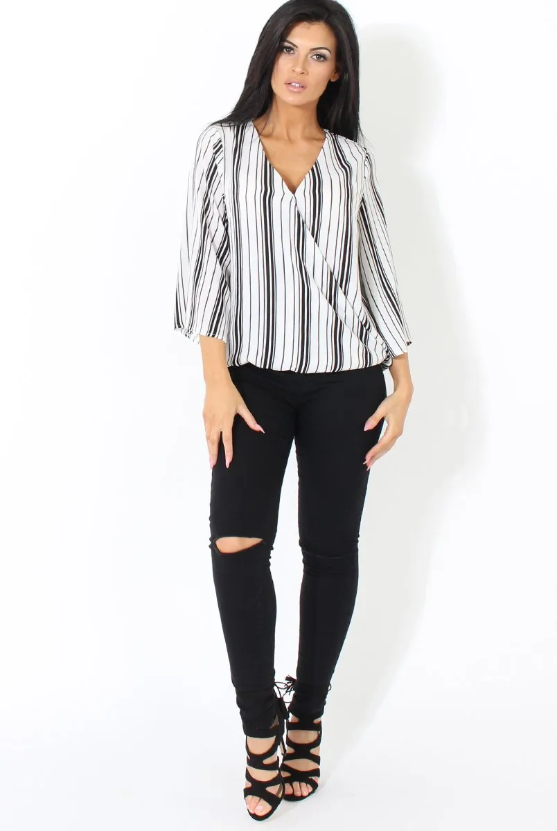 Black and White Stripe Cross over Front Detail Top- Tasha