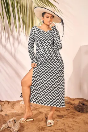 Black and White Zig zag Knitted Beach Wear Midi Dress