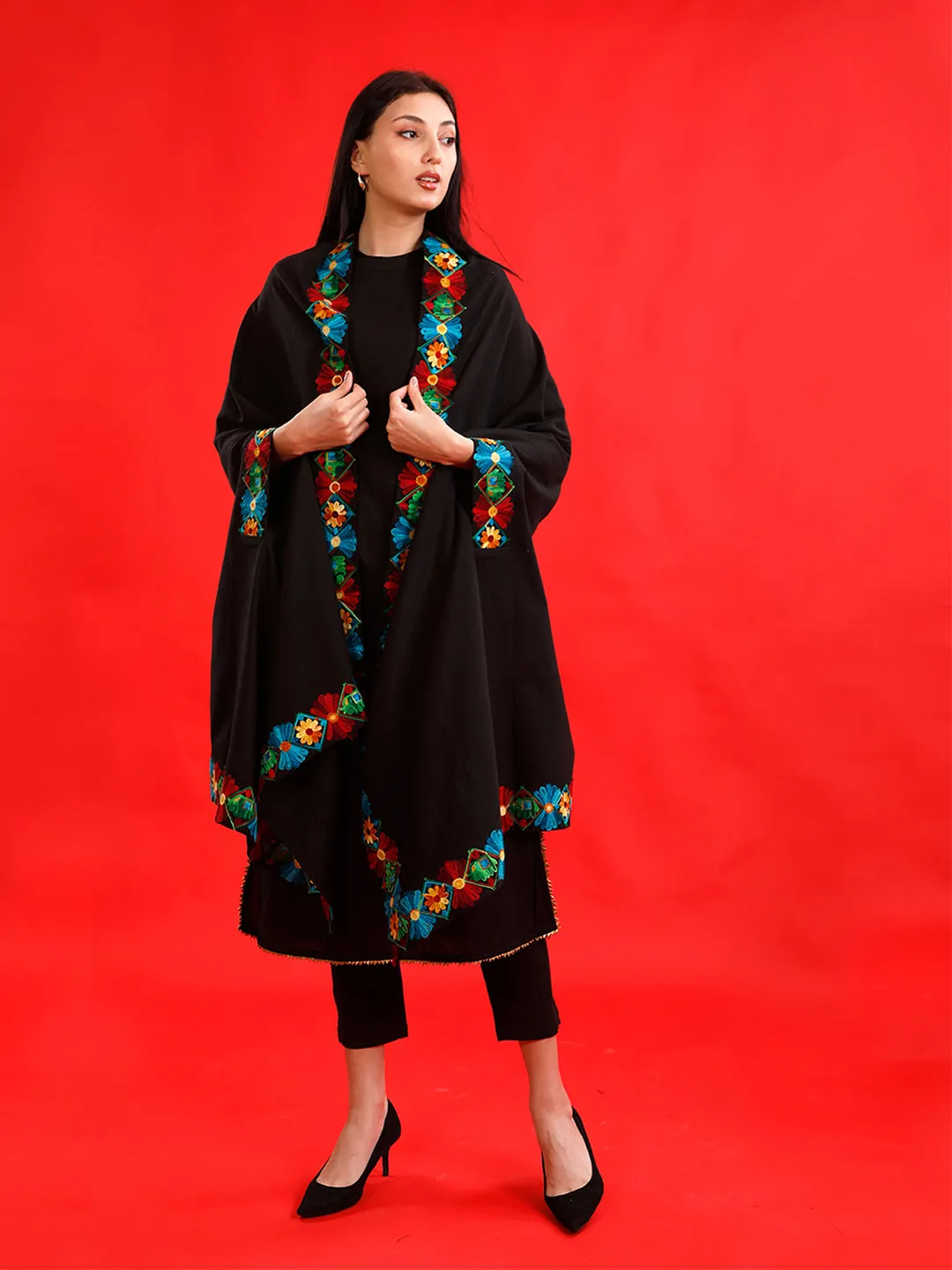 Black flex cape/shrug with aari lace embellishments