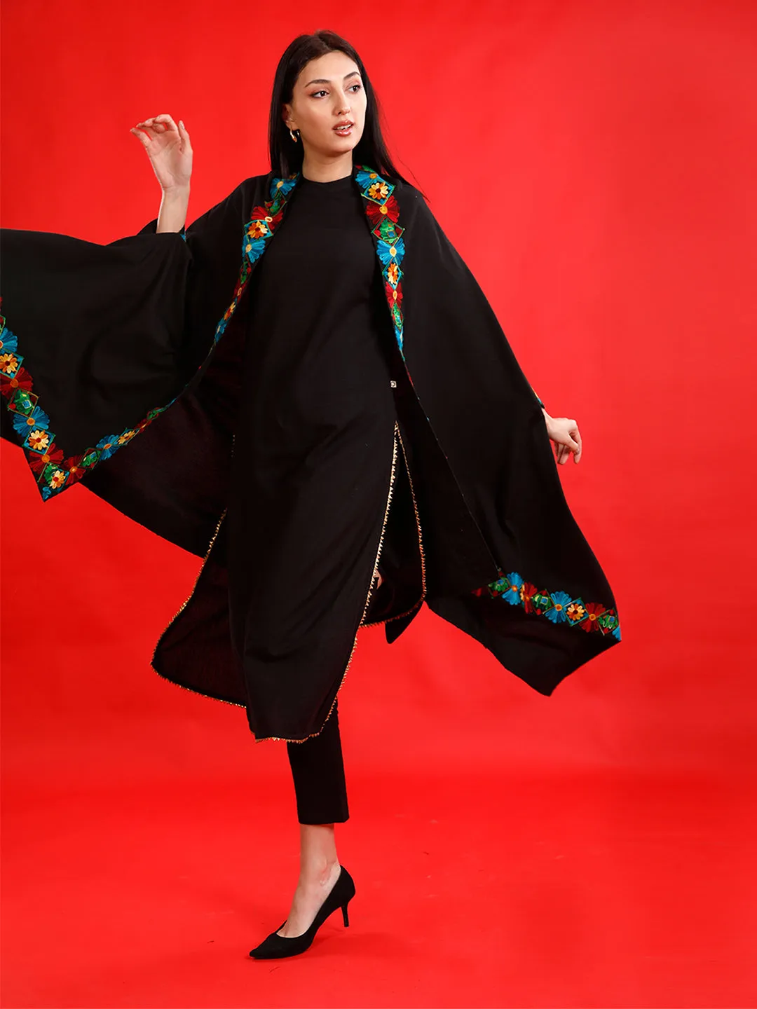 Black flex cape/shrug with aari lace embellishments