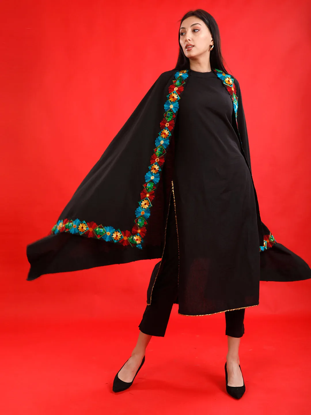 Black flex cape/shrug with aari lace embellishments