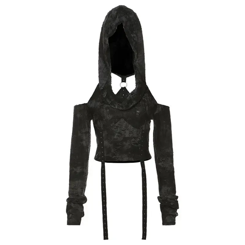 Black Grunge Goth Hooded Distressed Crop Top